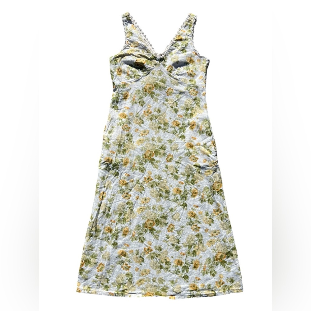 VTG LAURA ASHLEY Linen Floral Yellow Roses Midi Dress Cottage Garden Lace Trim 6 - Picture 8 of 16